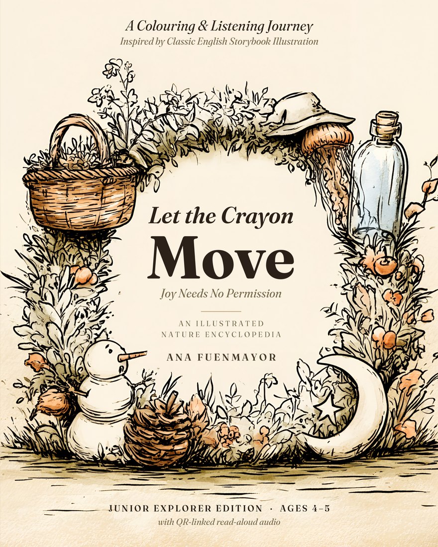 Cover of Let the Crayon Move: a garland of a basket, a bottle, a pine cone and a crescent moon around the title.